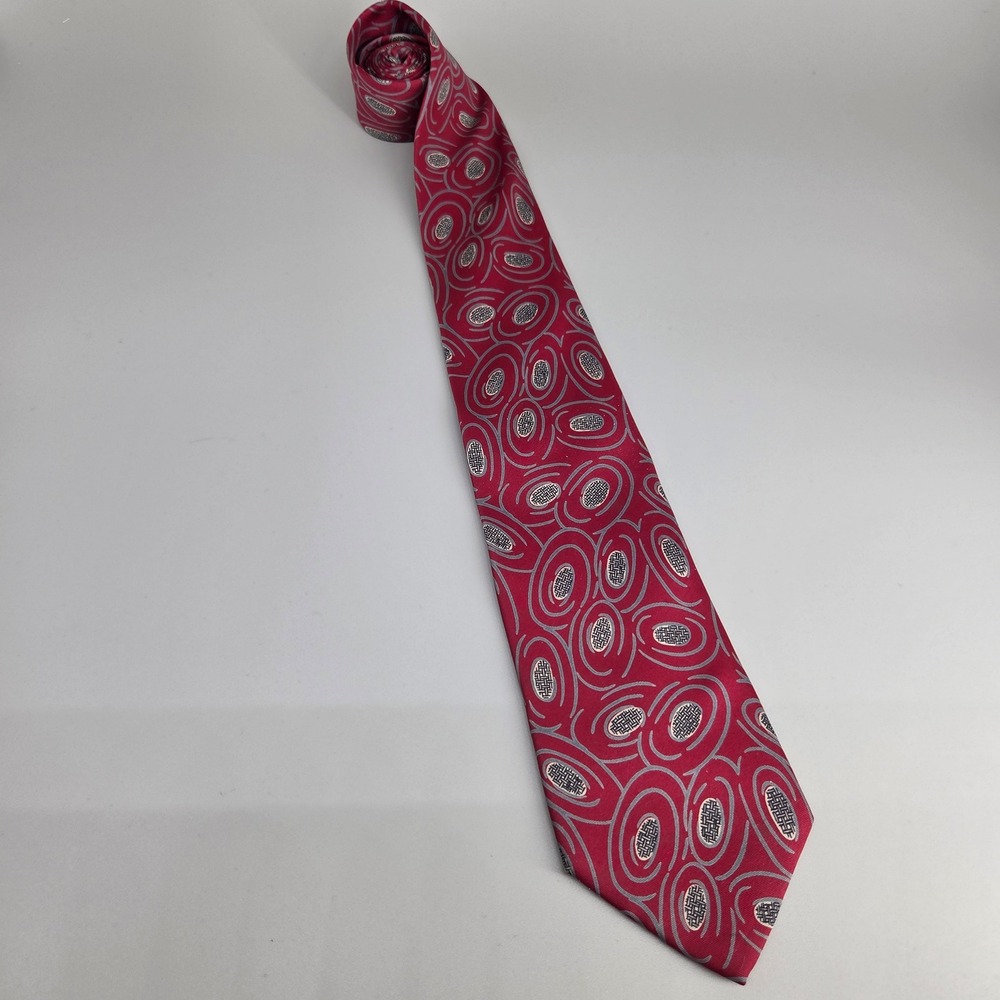 Paco Rabanne Necktie Mens Red Grey Geometric Silk Italian Designer Retro Formal